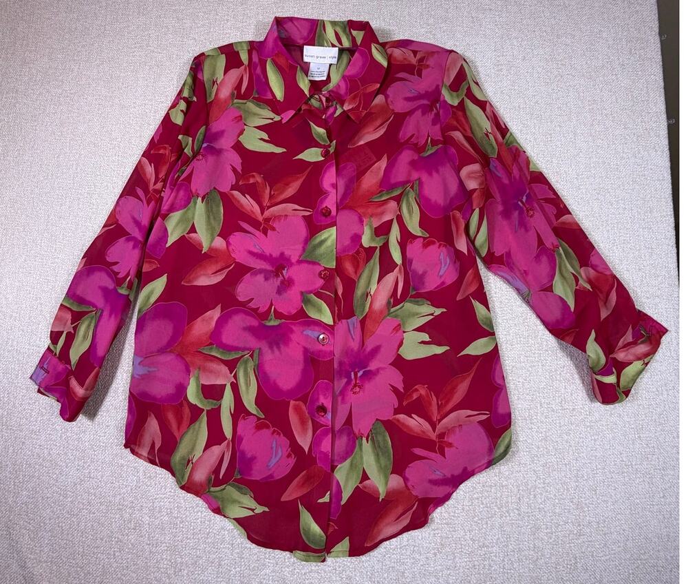 Susan Graver Women Medium Pink Red Sheer NWT Button Front Hawaiian Blouse Top